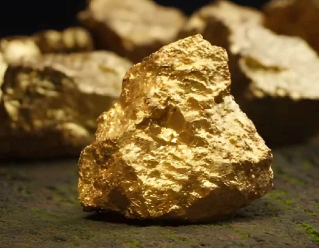 A natural gold nugget with a rough, textured surface placed on a dark background.