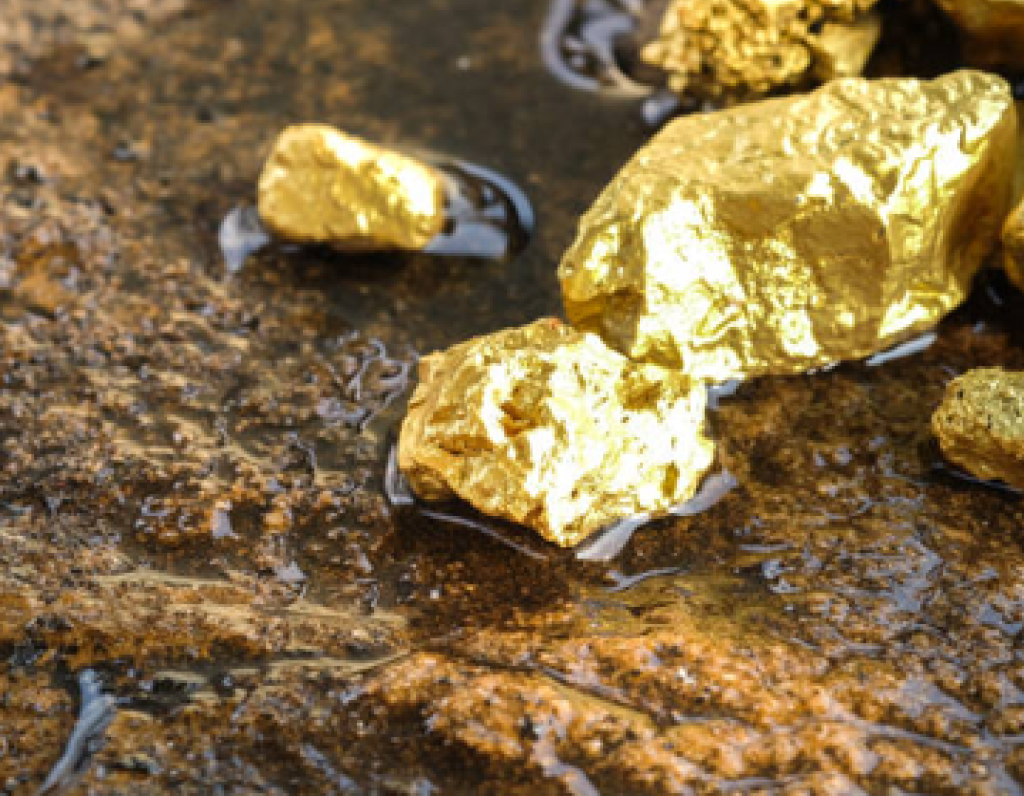 Gold nuggets resting on a textured rock surface, showcasing their shiny, metallic luster against the natural stone.